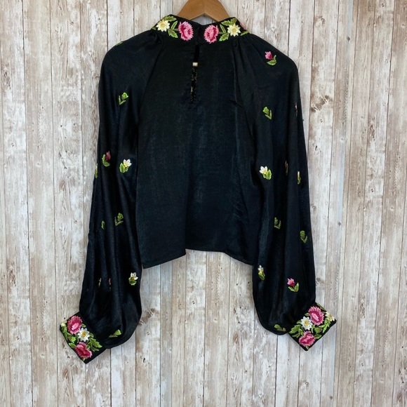 Free People Jessica High Neck Embroidered Black Peasant Blouse Top Boho Gypsy - Picture 10 of 16